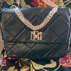 Badgley Mischka Black Vegan Leather Quilted Shoulder Bag with Gold Chain